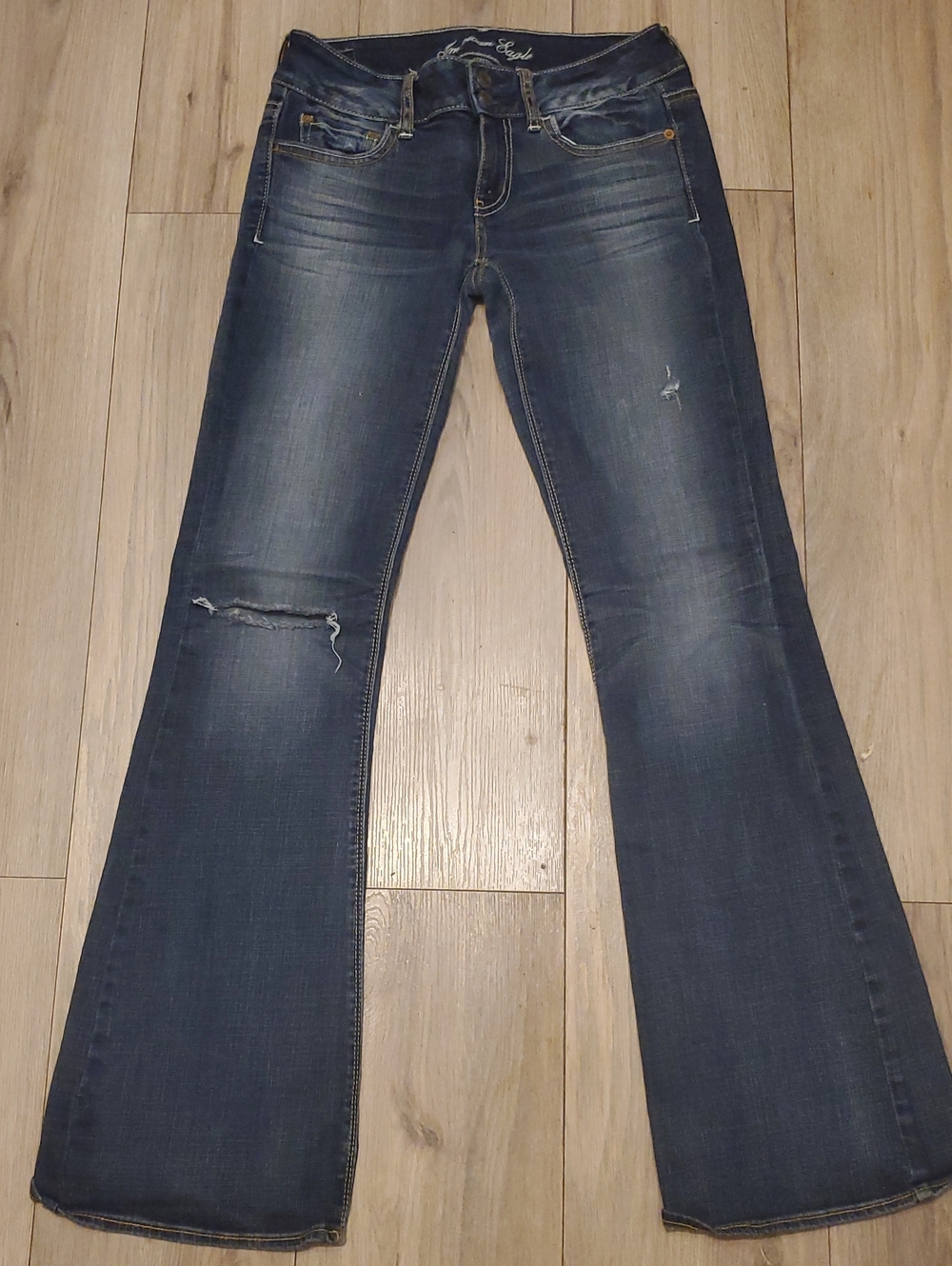 American Eagle Women’s Dark Blue Distressed Flare Jeans